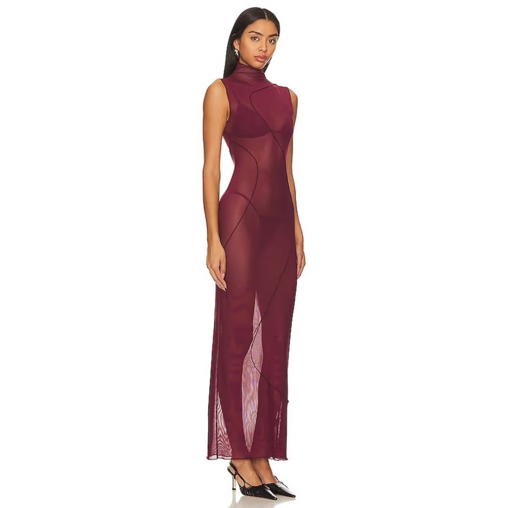 Camila Coelho Lagoon Maxi Dress Burgundy Mesh Mock Neck Sleeveless XXS